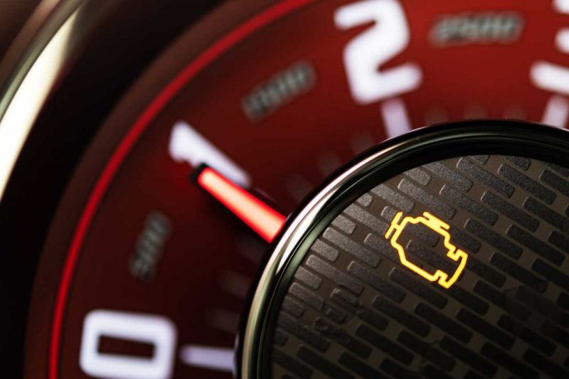 A lit up check engine light on a vehicle's dashboard.