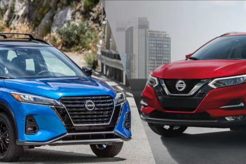 A side-by-side comparison of the Nissan Kicks in blue (left) and the Nissan Qashqai in red (right).