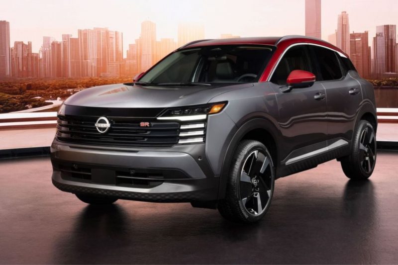 The new 2025 Nissan Kicks small SUV posed in front of a city at sunset.