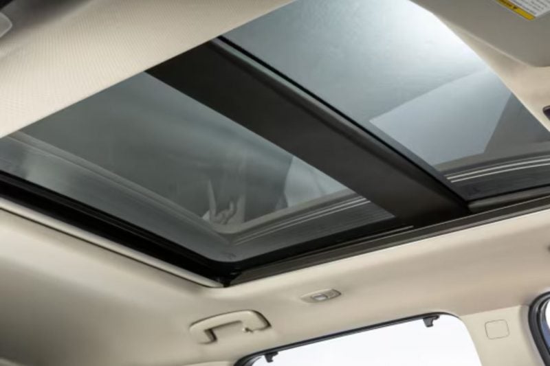 A close-up shot of the dual-panel panoramic moonroof that is available on certain Nissan Rogue models.