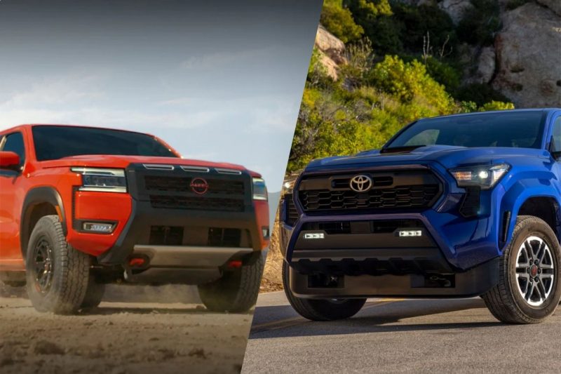 A comparison photo of two trucks, the Nissan Frontier vs Toyota Tacoma.