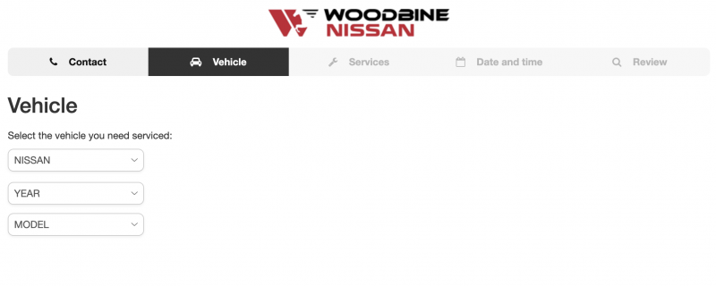 A screenshot of the Woodbine Nissan oil change service booking website.