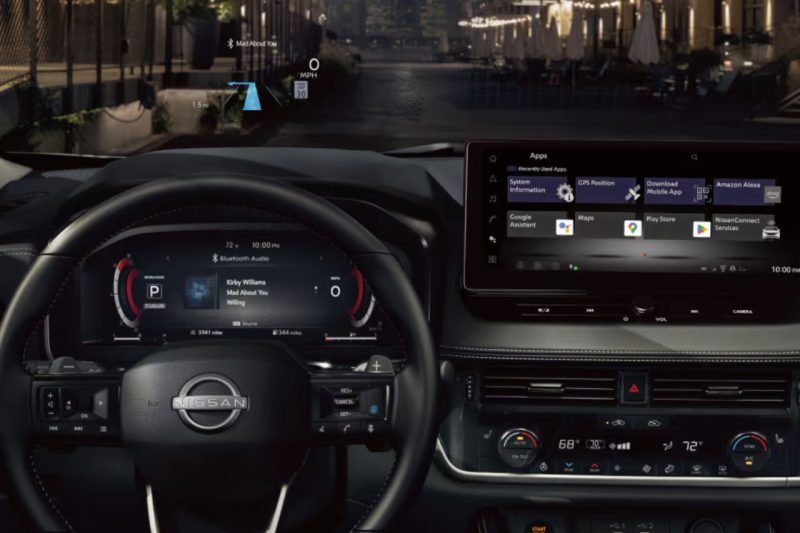 A close-up look at the dashboard and infotainment system on the Nissan Rogue.
