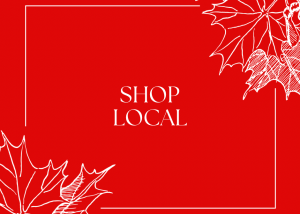 Shop Local on Red Background with White Outlined Maple Leaves