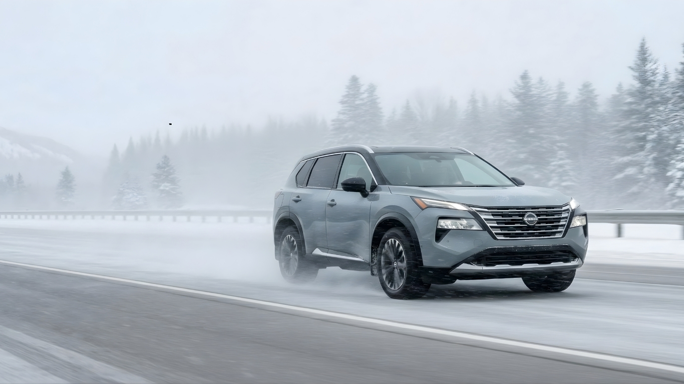 Nissan Rogue à traction intégrale roulant sur une route enneigée.