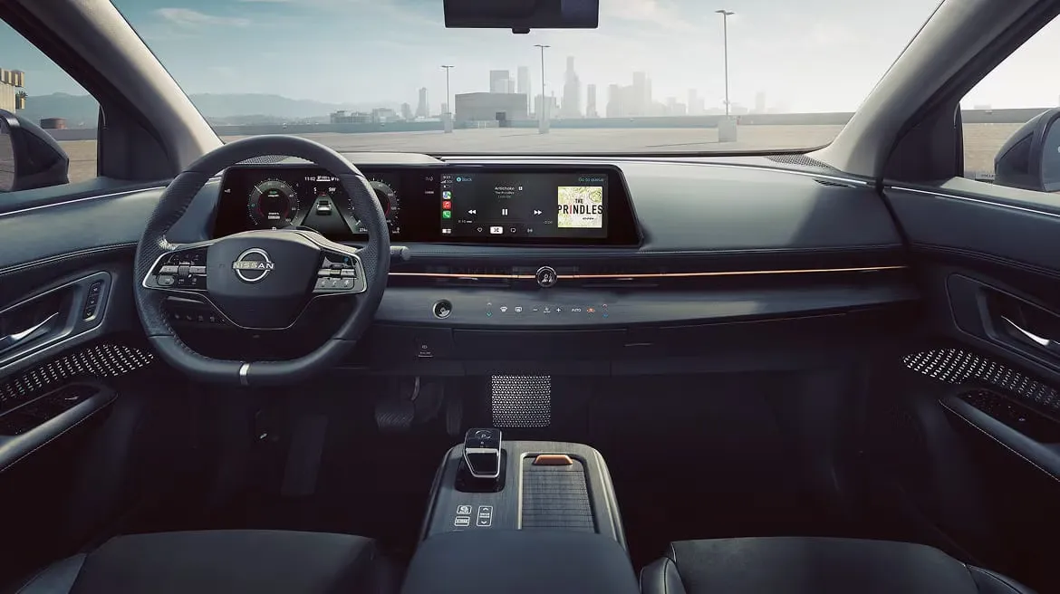 Interior design of the 2026 Nissan Ariya with clean dashboard and central screen.