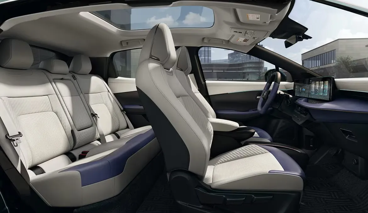 Spacious 2026 Nissan Leaf cabin with five seats.