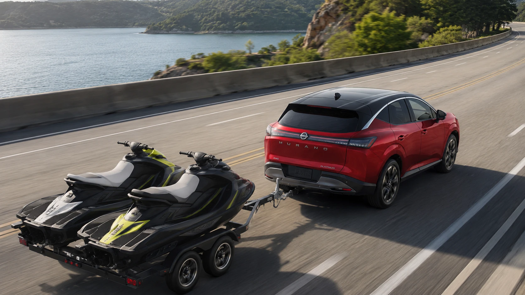 Red 2026 Nissan Murano towing two personal watercraft on the road.