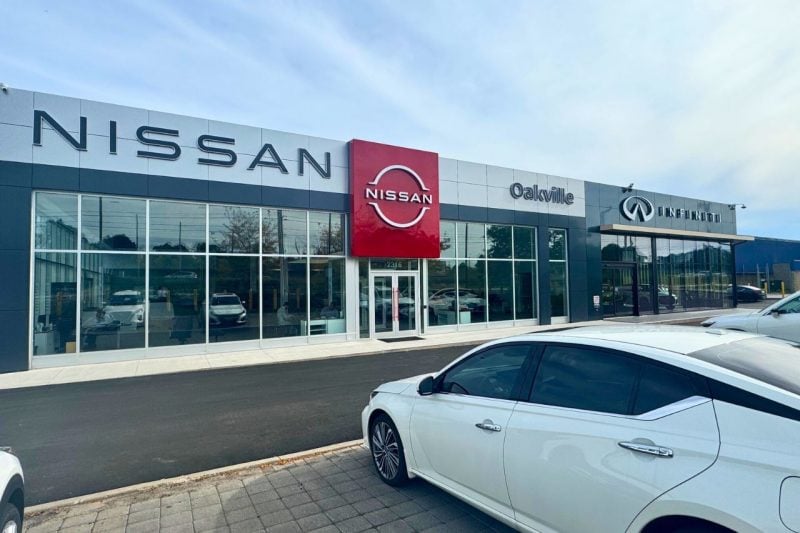 The exterior of the Oakville Nissan dealership. Oakville Nissan currently offers 0% vehicle tariffs on all in-stock inventory.