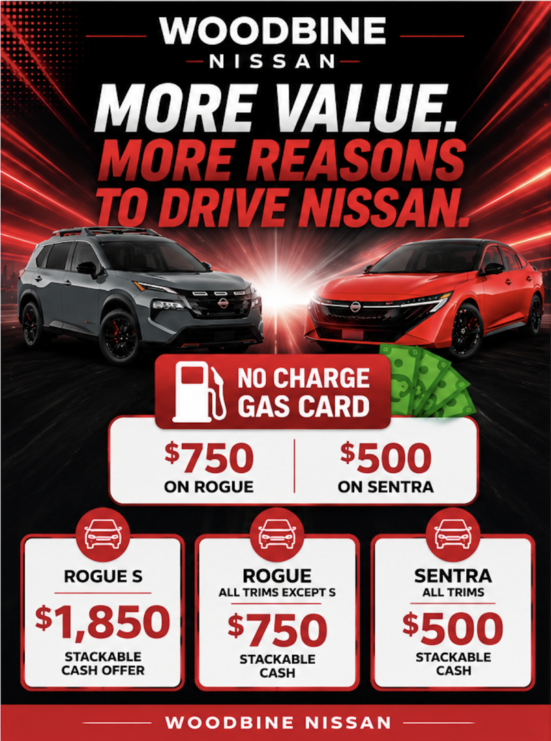 Woodbine Nissan Program enhancements with stackable cash offerigs.