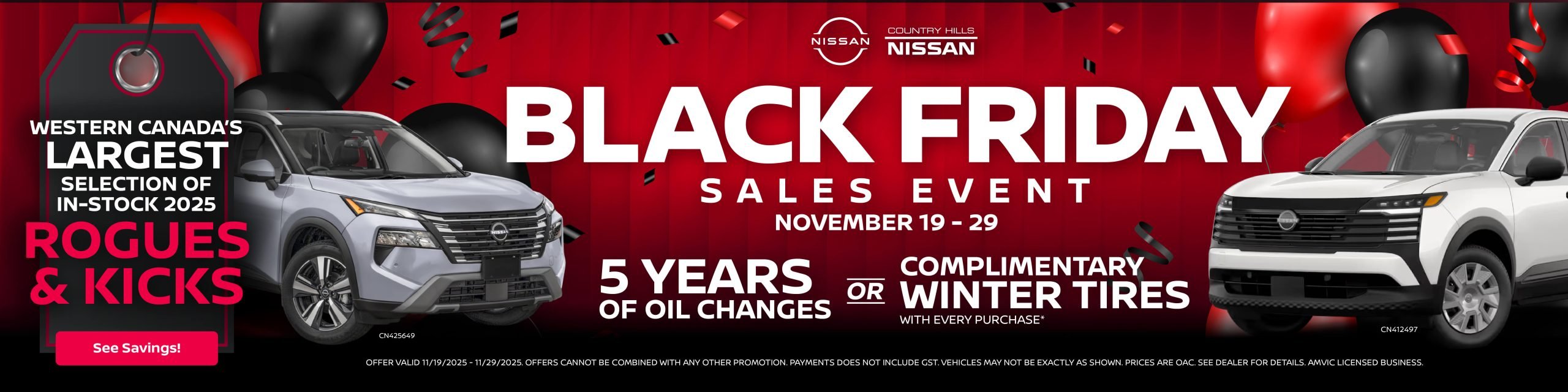 Black Friday vehicle offers at Country Hills Nissan in Calgary. Get 5 years of oil changes or complimentary winter tires with every purchase.