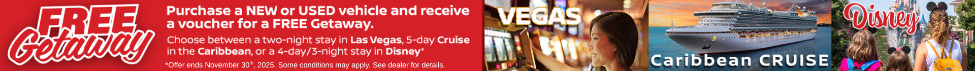 Nissan Free Getaway banner with 5 different getaway prizes. Details at the dealership.