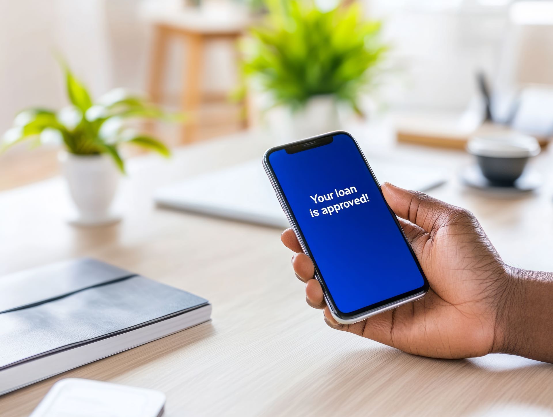 A customer holding a mobile phone getting finance application approved on a clean desk