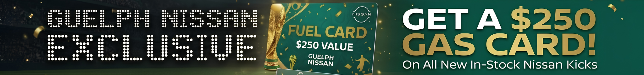 2026 Nissan Kicks promotional sales event at Guelph Nissan featuring a free $250 gas card offer
